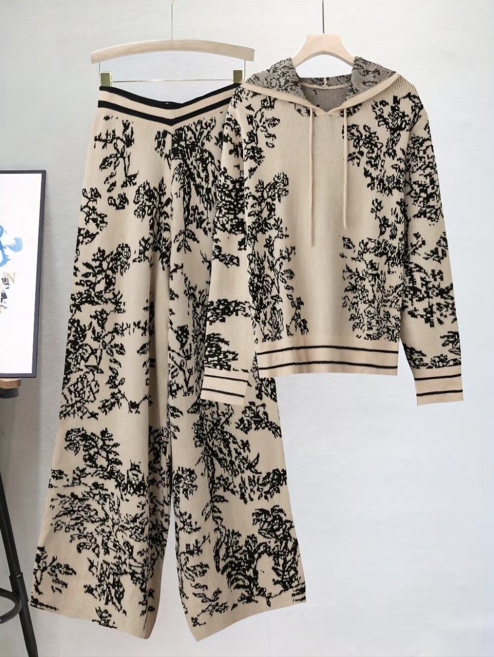 2pcs Printed Sweater Set, Floral Pattern Hoodie + Pants Outfit